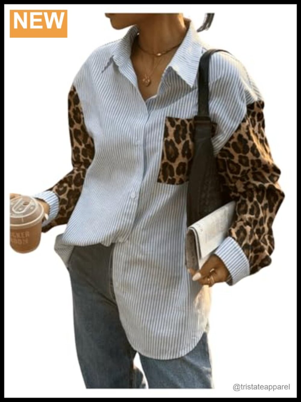 Women's Leopard Striped Button Down Shirt Long Sleeve Color Block Loose Blouse